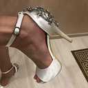 Lady Satin Dress Platform High Heels Wedding Sandals Crystal Back with Free Earrings, Size 38.5