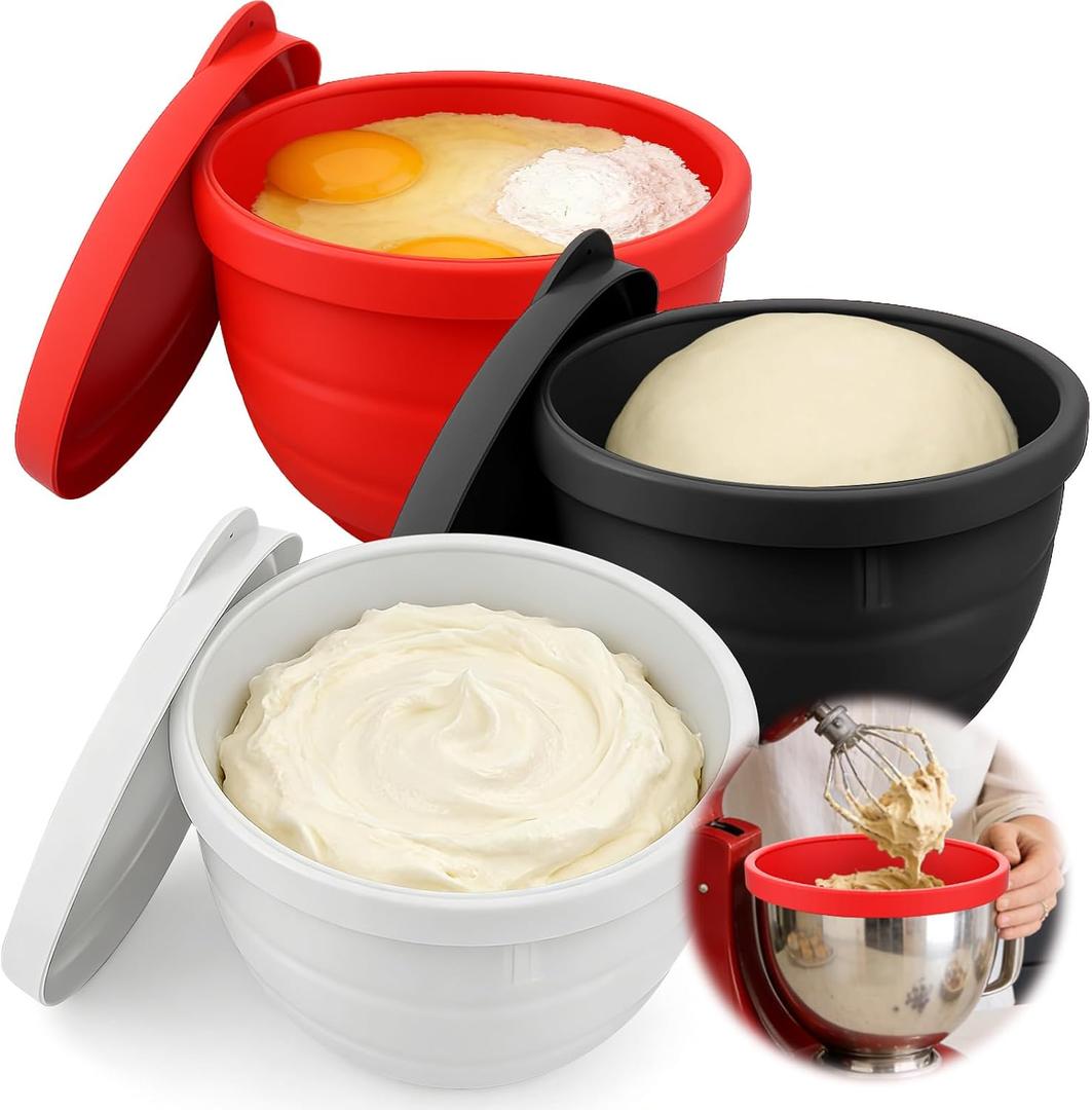 Juome 3 Pack Silicone Bowl Liners Compatible with 5 Quart KitchenAid Mixers - Thicker Silicone Mixing Bowl Inserts & Lids, Replacement Accessories for Kitchen aid Mixer, Dishwasher Safe