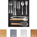 Bellsal Bamboo Silverware Drawer Organizer, Utensil Kitchen Drawer Organizer, Utensil Holder Cutlery Tray with Grooved Drawer Dividers for Kitchen Utensils and Flatware Bedroom Office (7 Slot, Black)