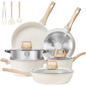 12 Pcs Pots and Pans Set, Nonstick Cookware Sets White Granite Induction Cookware, Non-toxic Healthy Non Stick Kitchen Cooking Set with Frying Pans Set, Saucepans,Steamer (PFAS, PFOA, PFOS Free) (12 Pieces)