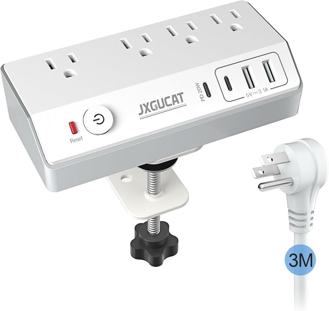 Desk Clamp Power Strip with USB C, JXGUCAT PD 20W Fast Charging Power Station, Removable Desk Clamp Mount Power Strip Surge Protector, 10 ft Cord with 4 Outlet 4 USB Ports, Fit 1.8" Tabletop Edge (White)