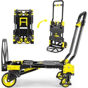 330LB Folding Hand Truck Heavy Duty Carrying, Combination of Four Wheels and Two Wheels Convertible Dolly Cart with Retractable Handle Dolly for Moving Office Carts(Yellow)
