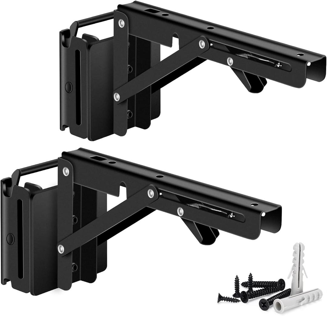 E Track Folding Fixed Shelf Brackets 2 Pcs 8 inch Black Heavy Duty Metal DIY E-Track Collapsible Shelf Hinge Etrack Accessories for Workbench Table Shelves in Enclosed Trailer, Truck