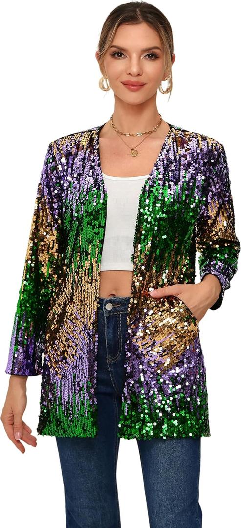 Women's Sequin Jacket Long Sleeve Open Front Blazer Glitter Sparkly Coat Party Casual Cardigan (Green+gold+purple), S
