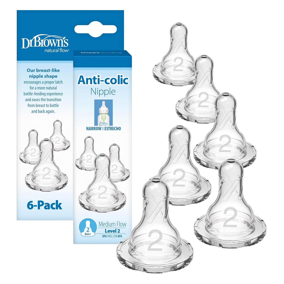 11 x Dr. Browns Natural Flow Level 2 Narrow Baby Bottle Silicone Nipple, Medium Flow, 3m+, 100% Silicone Bottle Nipple, 6 Count