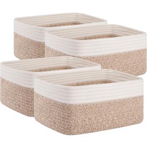 OIAHOMY 4 Pack Storage Baskets for Organizing, Small Bins for Shelves, Cute Decorative Storage Bins, Organizer Baskets for Gifts Empty, 13.8''Lx9.8''Wx5.5''H, Brown/White