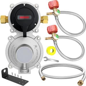2 Stage Auto Changeover LP Propane Gas Regulator with 2 Pcs 18"RV Pigtail Propane Hose with Gauge and 4FT Stainless Braided Regulator Hose Assemblies Dual Propane Tank Regulator for RVs,Trailers,Campe