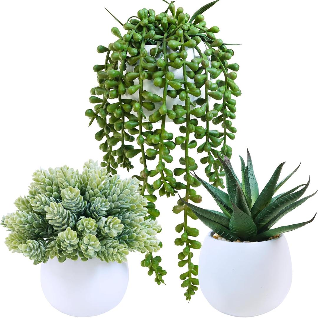 Winlyn Set of 3 Assorted Artificial Succulent Plants in White Concrete Pots Faux Aloe Hops String of Pearls Potted Plants Small Fake Plants for Home Garden Office Desk Counter Shelf Windowsill Decor