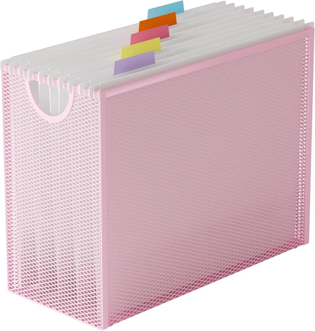 Hanging File Organizer, Letter-Size File Holder Filing Box with 5 Hanging Folders, Metal Mesh Desk File Folder Storage(No Assembly Required) (Pink, with 5 Grey Folders)