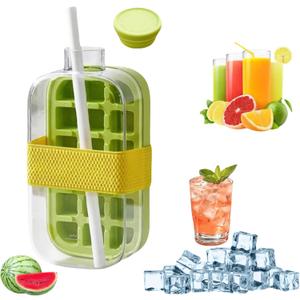 2-in-1 Ice Cube Bottle with Straw, Cool Summer Ice Maker Cup, Ice Cube Tray with Lid and Bin, Zero-Touch Press Design, Leakproof Ice Cube Mold for Freezer, Gym, Home & Travel (Green, 800ML)