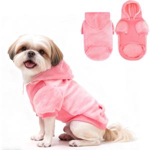 EXPAWLORER Flannel Basic Dog Hoodie - Winter Fall Warm Soft Fleece Sweater with Leash Hole and Pocket, Cold Weather Pet Clothes Coat Sweatshirt for Small Dogs Puppy Cats (Pink, S)