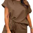 Eytino Women Plus Size 2 Piece Outfits Sweatsuit Short Sleeve Pullover Tops and Drawstring Shorts Pants (4X, Brown)