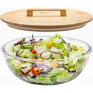 6.5Qt Extra Large Glass Mixing Bowl with Lid, Clear Large Salad Bowls with Airtight Bamboo Lid & Handle,Thickened Glass Big Mixing Bowls Cooking Bowl for Food Prep, Kitchen,Dinner, Borosilicate Glass