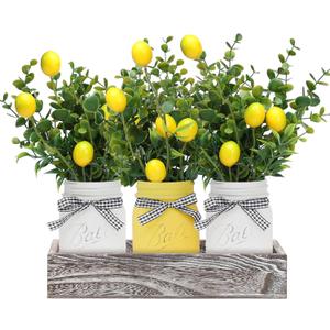 Summer Lemon Mason Jars Centerpiece for Table, Wood Tray with 3 Painted Jars, Dining Coffee Table Centerpiece For Kitchen, Living Room, Spring & Summer Home Decor with Lemon