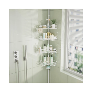 HapiRm Corner Shower Caddy Organizer  Shower Organizer Corner with Soap Holder, Toothbrush Holder and 4 Hooks, Rustproof Bathroom Shelf Tension Pole Available for 27.6 to 108.3 Inch  White
