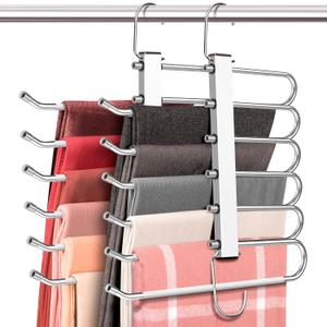 Space Saving 6 Tier Pant Hangers, Anti-Slip, Lightweight, Stainless Steel, 2 Pack, White