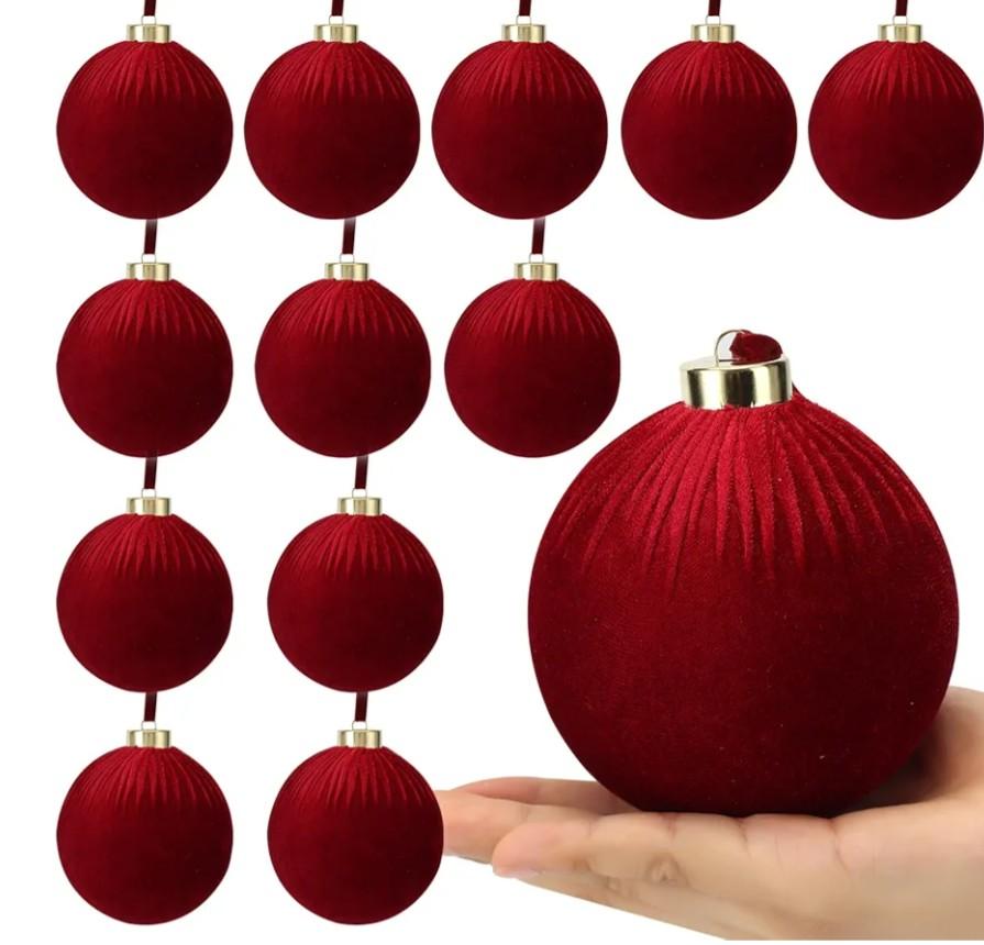 12 Pack Velvet Christmas Ball Ornaments Large Flocked Christmas Tree Hanging Ornaments Shatterproof Flocked Decorative Balls for Xmas Tree Decorations (Dark red, 4inch)