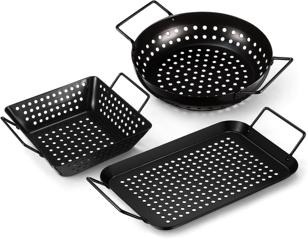 3 Pack Grill Topper Pans for Outdoor Grill, Stainless Steel Vegetables BBQ Grilling Basket with Holes Handles, Nonstick Barbecue Pan Grilling Gifts for Camping Picnic Cooking Seafood Meat