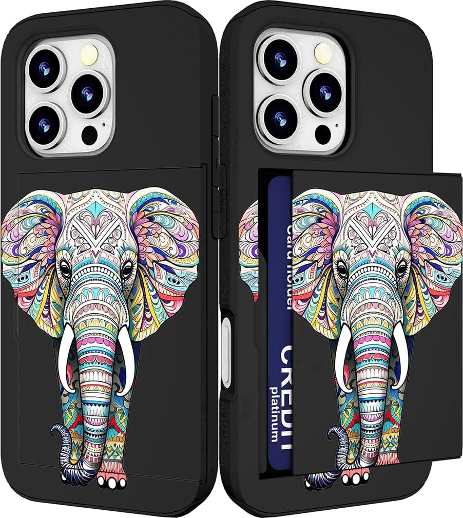 Compatible with iPhone 16 Promax Case Cute with Card Holder Shockproof Slim Slot Pro Max Phone Wallet Cover for Women/African Elephant Design Animal Ethnic Stylized Pink