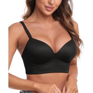 HACI Women's Plunge Push Up Bra Wirefree V Neck Padded T Shirt Longline Padded Supportive (32D, Black)