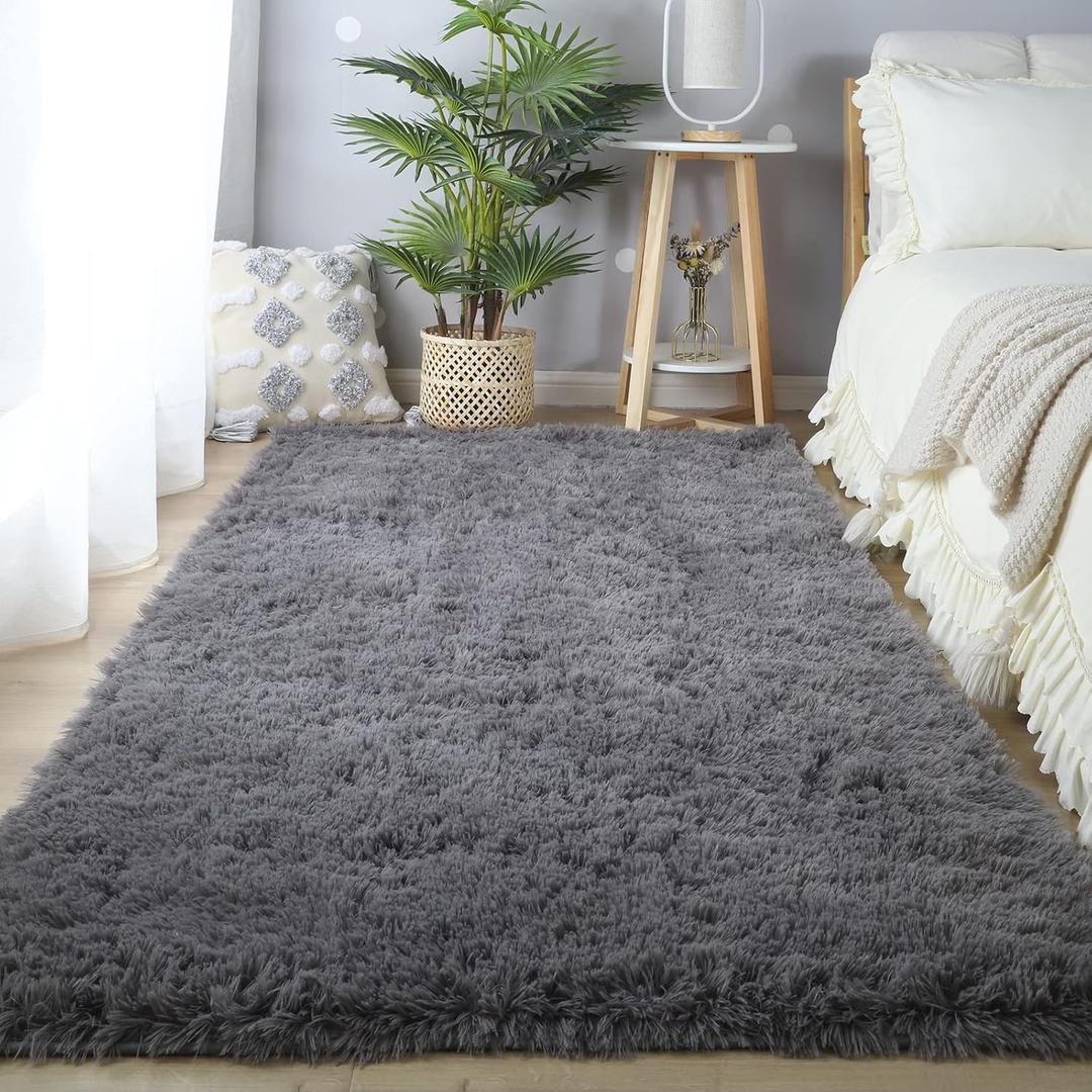 Area Rugs for Bedroom Living Room: 4x6 Grey Fuzzy Shag Shaggy Rug - Soft Plush Furry Bedside Dorm Throw Rug - Indoor Floor Carpet for Kids Girls Boys Home,Dark Gray