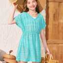 BesserBay Summer Swim Cover Up Crochet V Neck Short Sleeve Beach Swimwear Kids Hollow Out Swimsuit Blue Size 9-10 Years