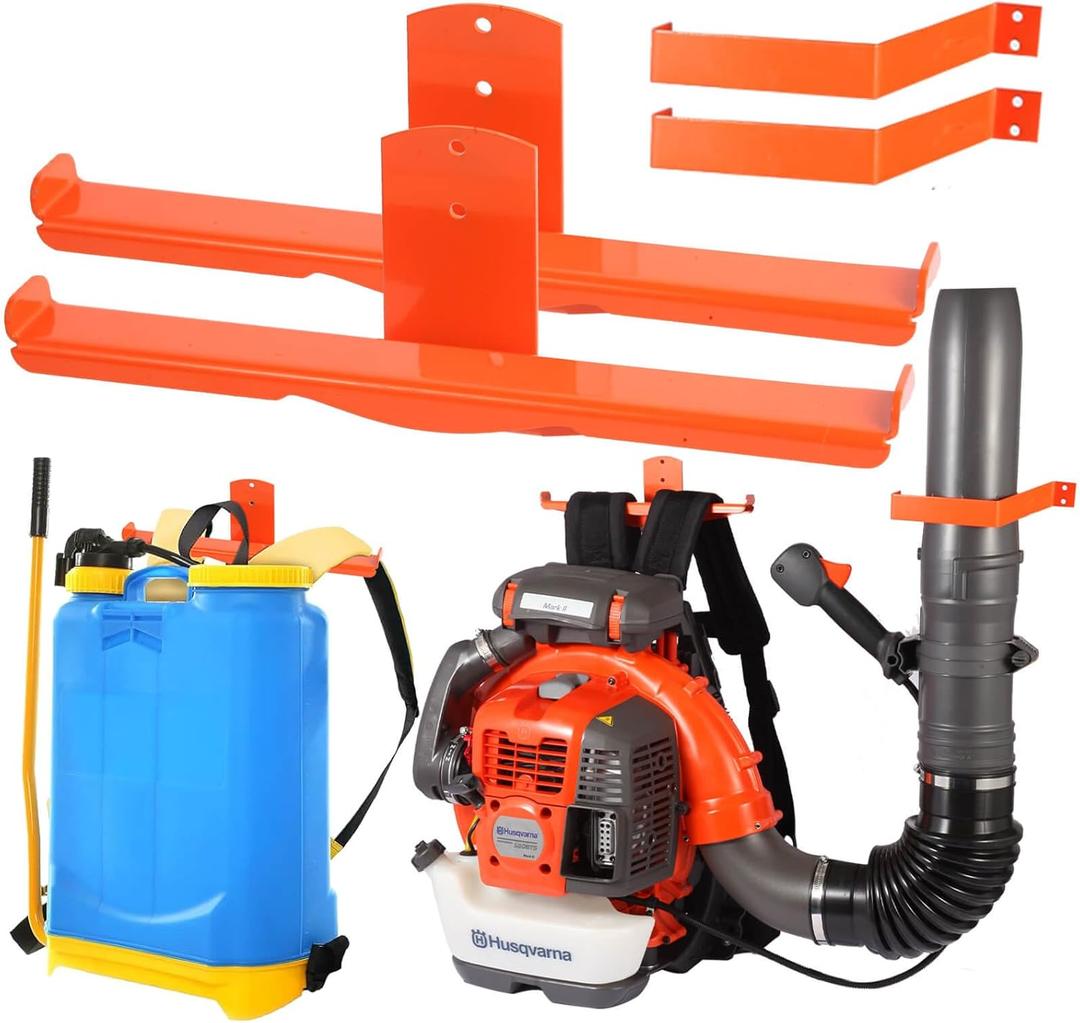 Backpack Blower Rack with Hose Holder - Heavy Duty Backpack Sprayer Wall Mount with Dual-Sided Hooks, Space-Saving Backpack Hanger for Weed Eater, Hedge Trimmer and Chain Saw, 330lbs Load Capacity