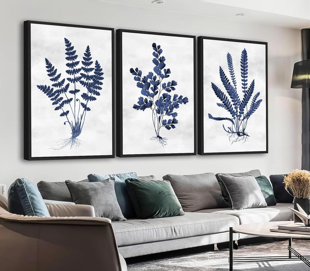 Large Framed Botanical Wall Art - Navy Blue Leaf Wall Decor 16"x24" Set of 3 Minimalist Wall Art Prints Vintage Plant Painting Rustic Fern Canvas Pictures for Living Room Bedroom Office Artwork, 16"x24"x3 Framed