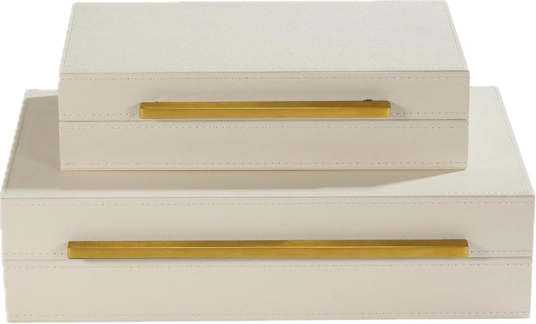 Set of 2 Pearl White Decorative Boxes With Gold Metal HandlesFaux Leather Jewelry Boxes Modern Storgage Boxes keepsake And Memory Storage Boxes,Home Organizer Box (Pearl White-Gold, 2pack)