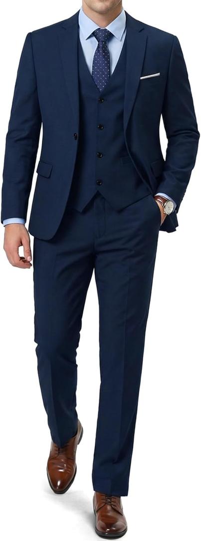 EastSide Men's Slim Fit 3 Pieces Suit, One Button Blazer Set, Jacket Vest & Pants (Medium, Deep Blue)