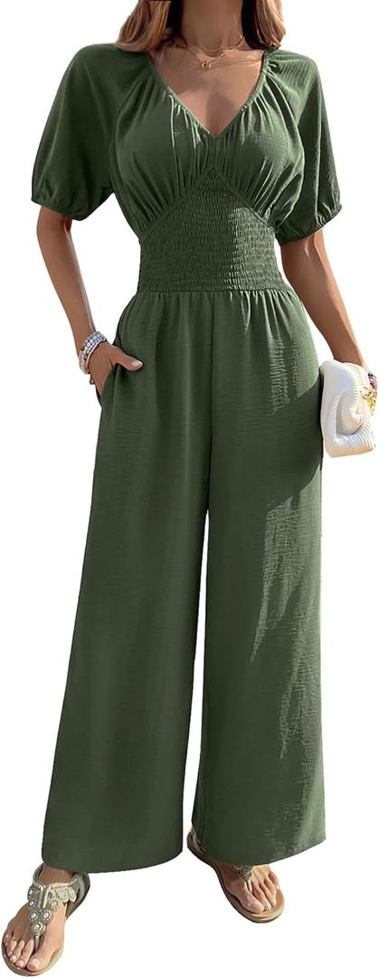 BB&KK Women's Summer Jumpsuit Dressy Short Sleeve V-Neck Smocked High Waist Wide Leg Pants One Piece Romper with Pockets (Medium, Army Green)