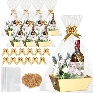 Fulmoon 20 Set Empty Gift Baskets for Gifts Wrapping Kraft Basket with Cellophane Wrap Bows Clear Bags Raffia for Wedding Birthday Graduation Christmas Mother Day Party(Gold Basket, Gold Bow)