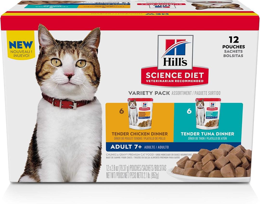 Hill's Science Diet Adult 7+ Wet Cat Food Variety Pack, Chicken & Tuna, 2.8 oz. Pouches, 12-Pack (EXP 11/24/26)