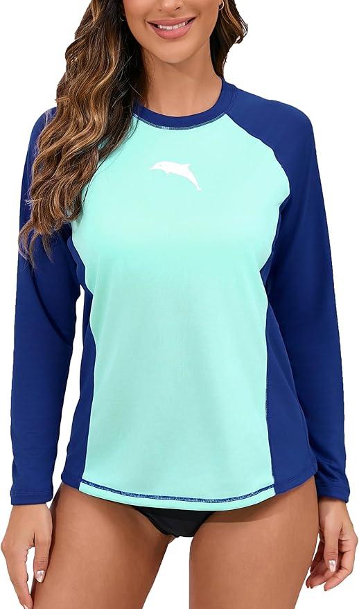 Halcurt Women's Long Sleeve Rash Guard Swim Shirt with Built in Bra Lightweight UPF50+ Quick Dry Swimsuit Top Large