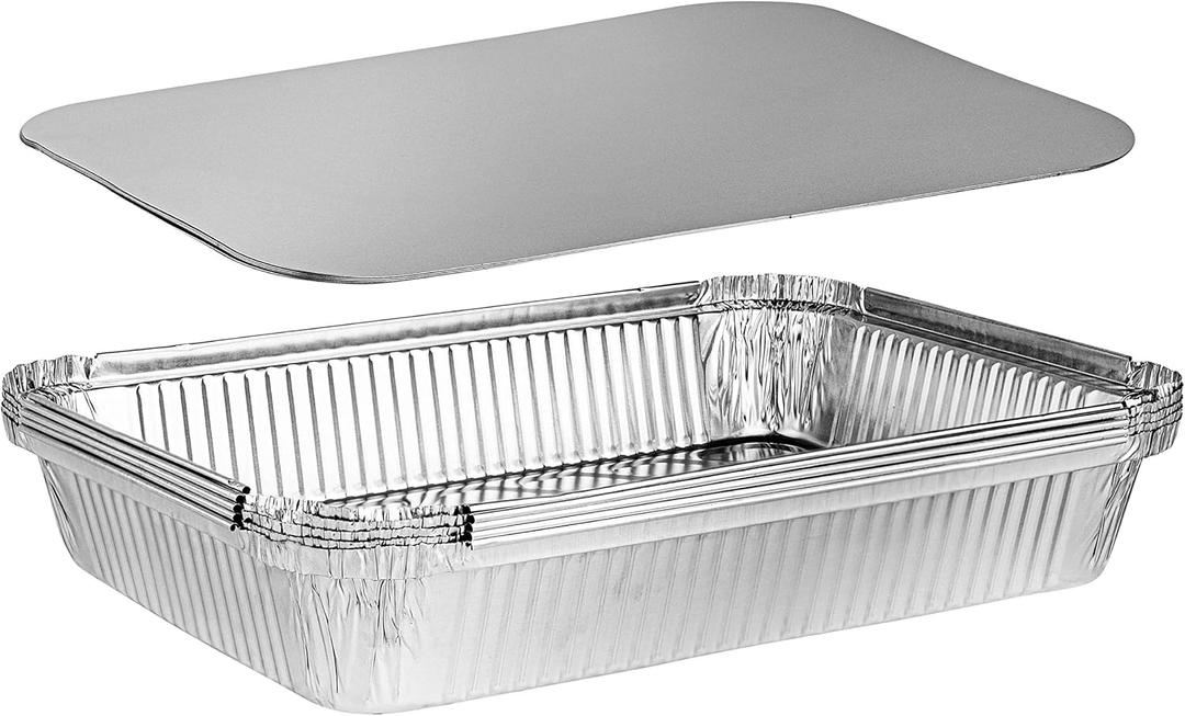 PLASTICPRO Disposable 4 LB Aluminum Takeout Tin Foil Oblong Baking Pans 12'' X 8'' X 2'' Inch With Cardboard Lids - Brownies, Bread, or Lunchbox, Pack of 5