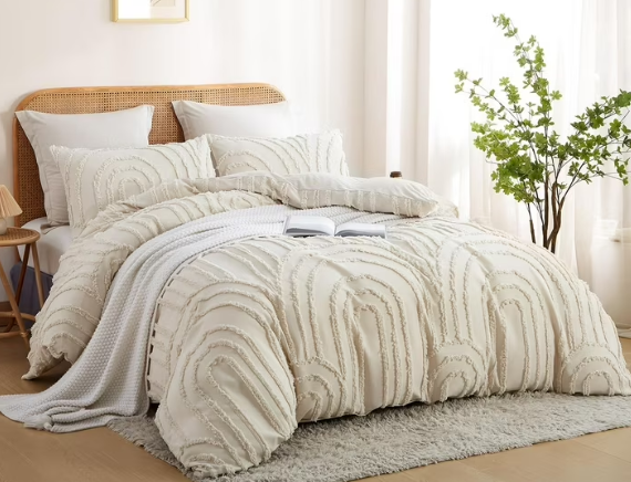 Nayoroom 3 Pieces Geometric Arch Pattern Tufted Microfiber Duvet Cover Set Beige Boho Shabby Chic Luxury Soft Bedding Set,Queen Size