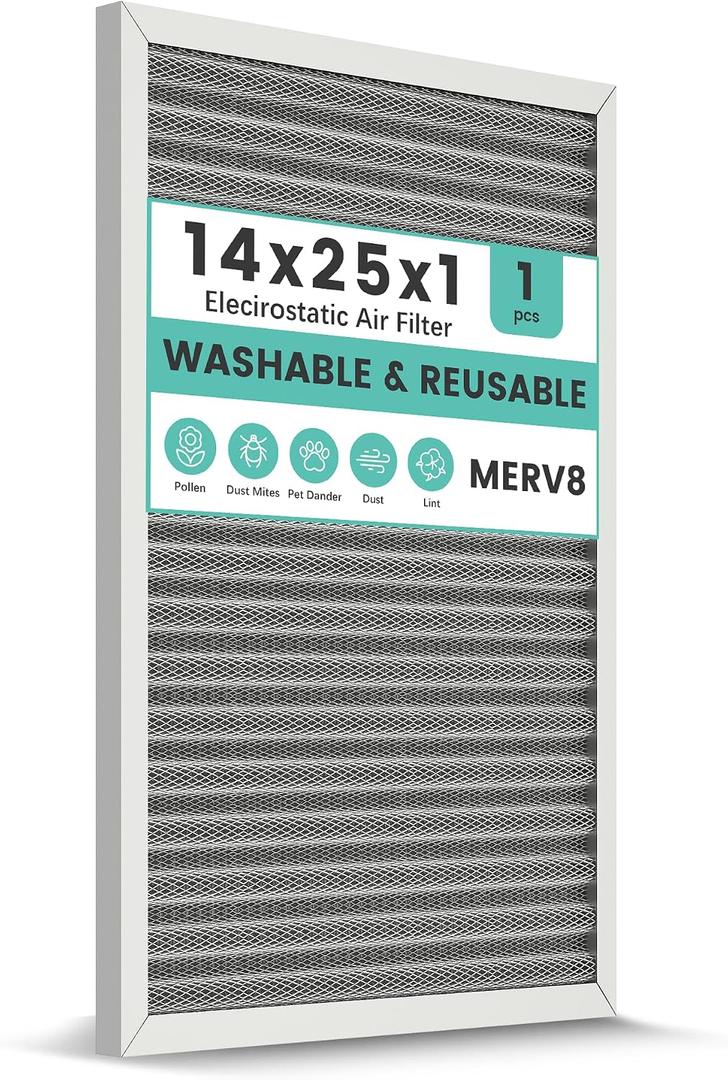 14x25x1 HVAC Furnace Air Filter, Lasts a Lifetime, Washable Reusable, Electrostatic Air Filter The Last Time You Buy, Breathe Safely at Home or Office, Merv 8
