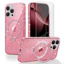 BOXDXB Magnetic Case for iPhone 16 Pro Max with Stand, Clear Glitter Military-Grade Shockproof Ring Kickstand Cases, 1 x Screen Protector Compatible with Magnetic Cover Case for Women Girls-Pink