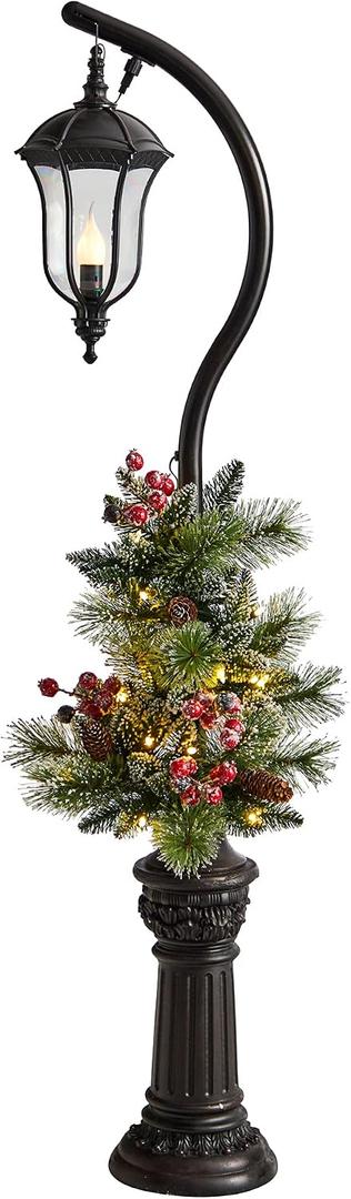 Nearly Natural 5ft. Holiday Decorated Lamp Post with Artificial Christmas Greenery, Berries and 30 LED Lights Indoor Outdoor Patio Porch Decor