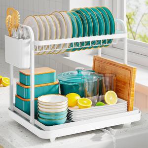 Dish Drying Rack - Stainless Steel Dish Rack for Kitchen Counter, 2-Tier Kitchen Organizers and Storage Rack with Drainboard and Cutlery Holder, Large, White