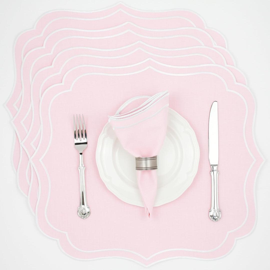 Cotton Linen Placemats Set of 4 - Double Layered, Machine Washable, Scalloped & Embroidered Cloth Table Mats - Wedding, Spring, Pastel Tone Mats, 19 x 17 inch, Light Pink