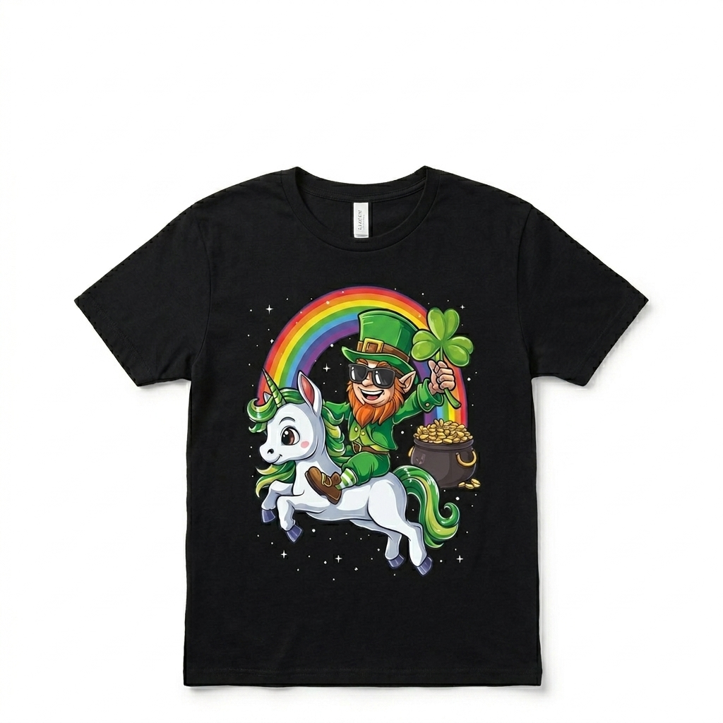 Unicorn St Patricks Day Girls Women Leprechaun Shamrock TShirt. S Size