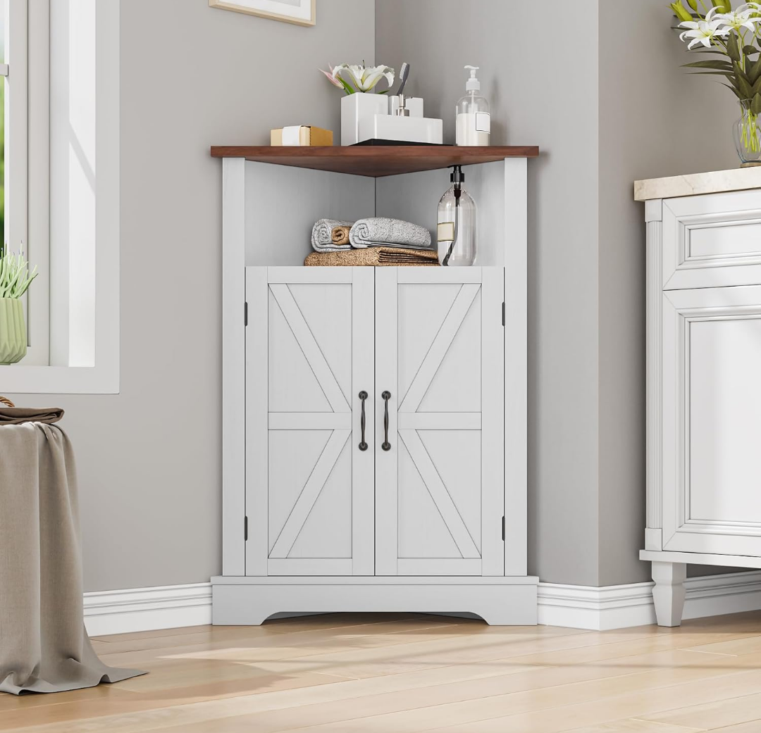 Bathroom Corner Cabinet,Farmhouse Floor Corner Cabinet with Doors and Adjustable Shelves, Freestanding Wooden Storage Hutch Cupboard for Bathroom, Kitchen, Living Room, White