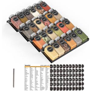 SpaceAid Spice Drawer Organizer with 24 Spice Jars, 386 Spice Labels, 4 Tier Seasoning Rack Tray Insert for Kitchen Drawers, 11.25" Wide x 17.5" Deep
