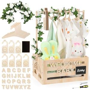 Jupwalz Wooden Baby Shower Crate Closet With Hangers, Letters, Dividers - Easy Assembly Basket for Newborn Boys Girls - Pregnancy Gifts for New Parents