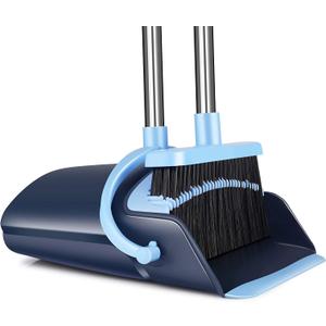Broom and Dustpan Set for Home 2025 Indoor Outdoor Broom with Dustpan Combo Set Upright Dust Pans with Long Handle Angle Broom for Kids Garden Pet Hair Lobby Wood Floor Kitchen, Blue 