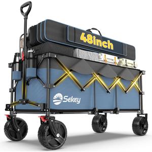 Sekey 48''L Collapsible Foldable Extended Wagon with 660lbs Weight Capacity, Heavy Duty 300L Folding Utility Garden Cart with Big All-Terrain Beach Wheels & Drink Holders. Blue&Grey