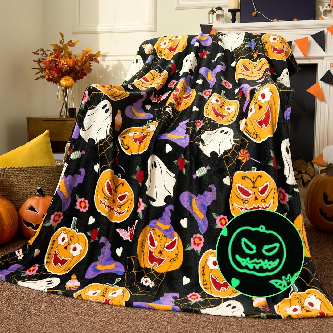 Joiedomi Glow in The Dark Blanket Pumpkin Black, Toys Gifts for Girls Age 2 3 4 5 6 7 8 9 10 11 12 Year Old, Soft Cozy Flannel Kids Throw Blanket, Christmas Birthday Present Bedroom Decor 50"60"