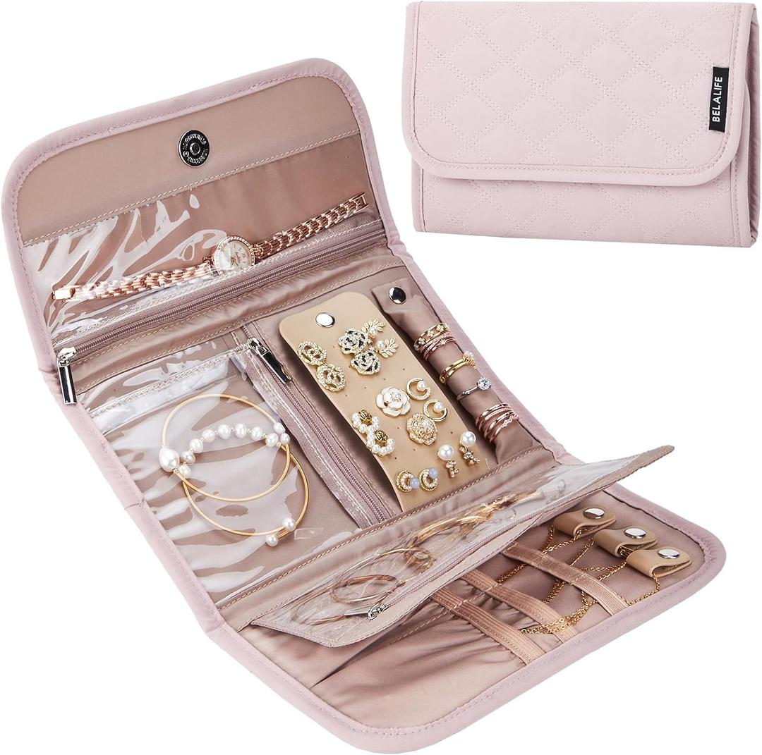 BELALIFE Travel Jewelry Case Organizer, Foldable Storage Roll for Earrings, Necklaces, Rings, Bracelets, Brooches, Pink (Medium)