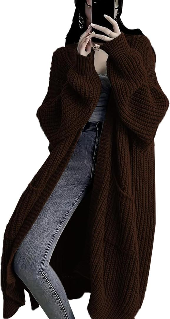 Womens Long Cardigan Sweaters Open Front Oversized Duster with Pocket for Women 2025 Fall Winter Knit Design Coats (Brown, S)